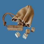 small square shaped leather coin purse shown with display dice